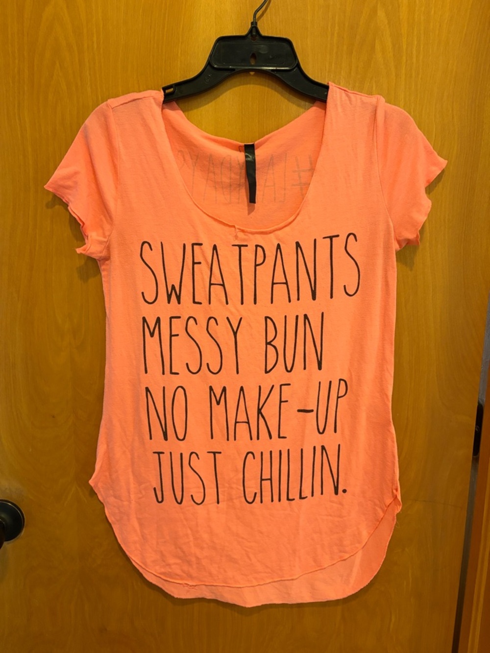 Casual Graphic Tee - neon Coral Pink "Sweatpants Messy Bun"